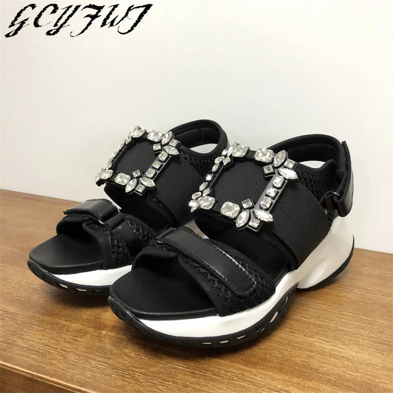 Fashion Crystal Women's Shoes Thick Platform Round Toe Breathable Peep Toe Female Sandals Party Non-Slip Sexy Ladies Footwear