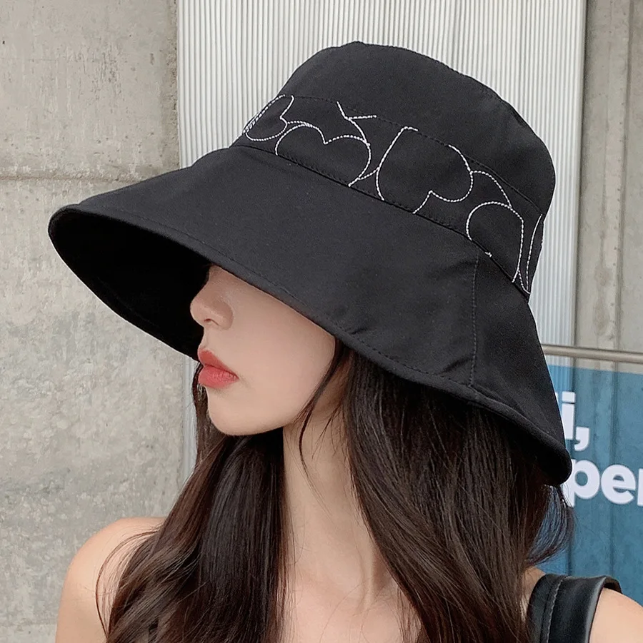 

COKK Bucket Hat Women Sunscreen Big Brimmed Casual Fisherman Cap Heart Pattern Simple Sunhat Ladies Sun Protection Foldable Hats