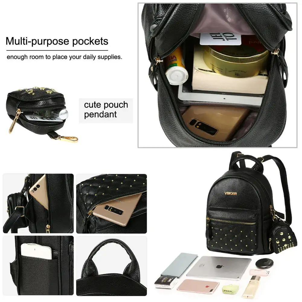 2 in 1 PU Leather Backpack Trendy Travel Shoulders Bag Chic Outdoor Daypack Casual School Backpacks for Women, Rivets Decoration