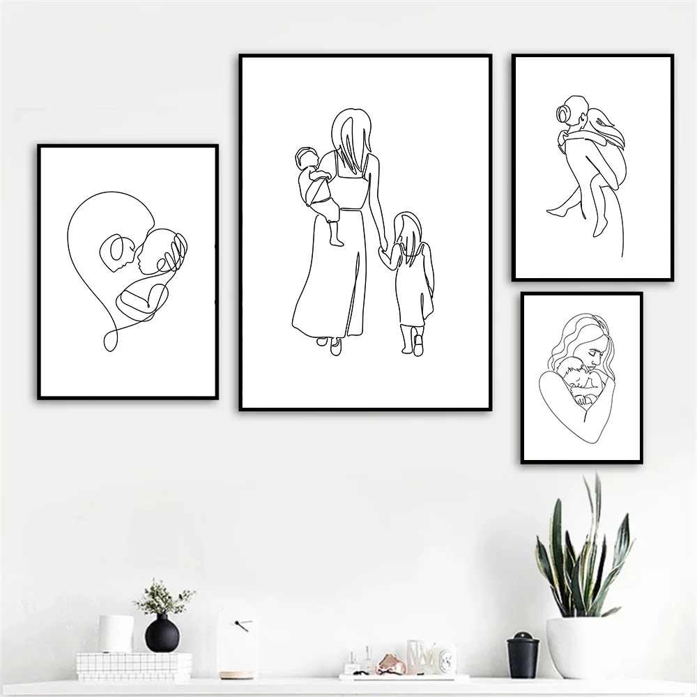 

Abstract A Family Of Three Line Drawing Poster Mother And Child Art Print Family Heart Love Canvas Painting Modern Home Decor