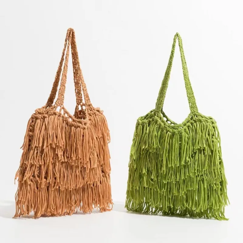 

Women Handmade Boho Fringe Tassel Shoulder Bag Ladies Bohemian Shopper Beach Tote Fashion Crochet Handbag For Girls