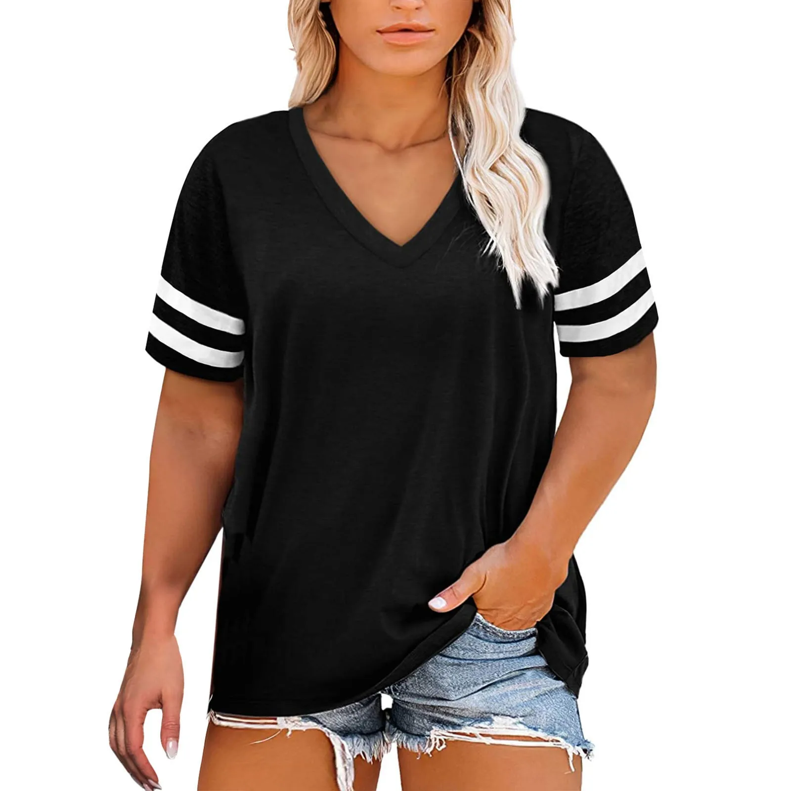 

Женская Повседневная Свободная футболка с V-образным вырезом, однотонный топ в полоску с коротким рукавом, летний спортивный женский топ
