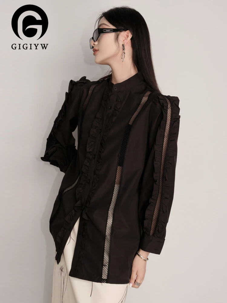 

GIGIYW Ruffles Shirts Women Lapel Long Sleeve Patchwork Single Breasted Casual Loose Blouse Female Summer Fashion New