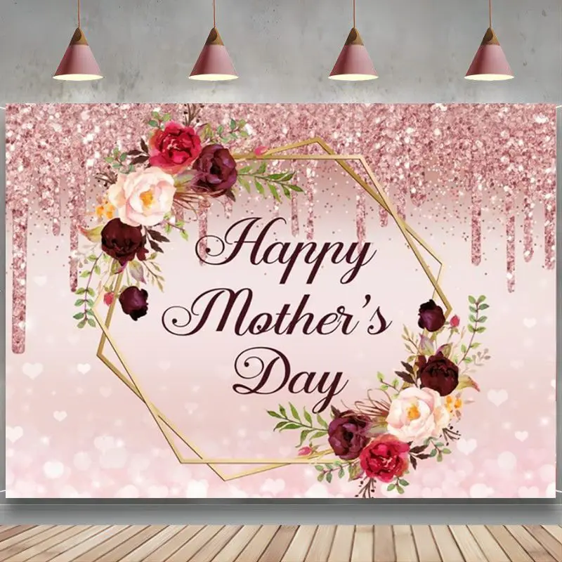 

Happy Mother's Day Rose Gold Backdrop Burgundy Floral Glitter Bokeh Background Party Decorations Supplies Love You Mom Banner