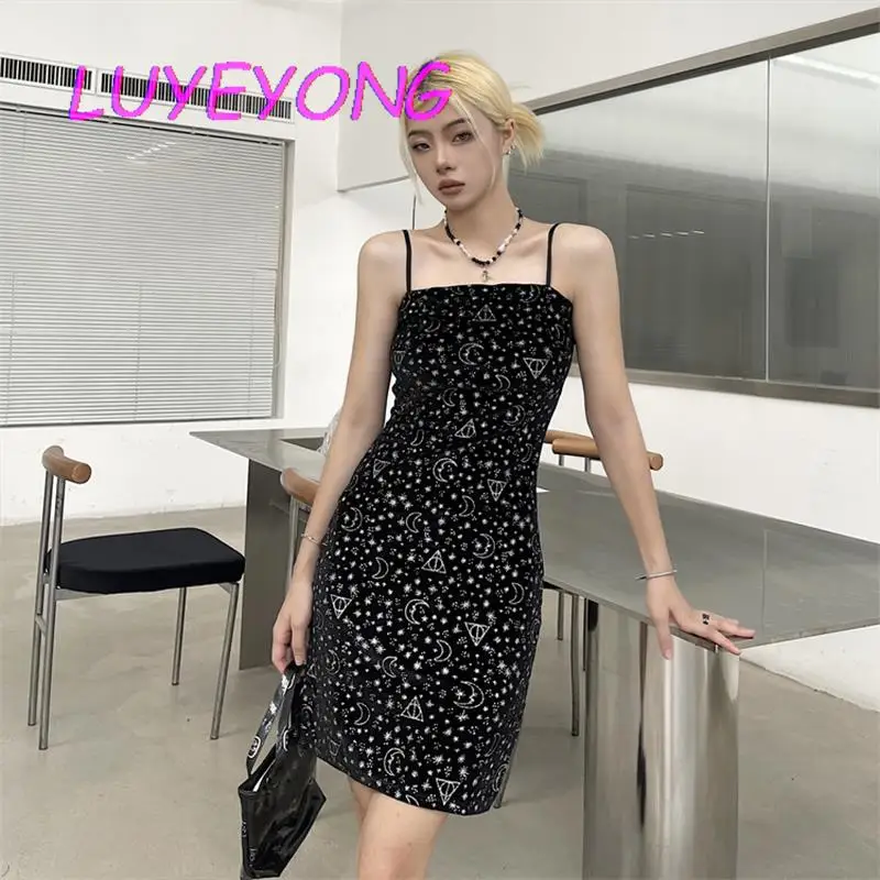 

Backless Empire Club Vestido Dark Goth Lace Strap Sleeveless Sexy Slim Vintage Dresses Black Gothic Female Star Print Mini Dress