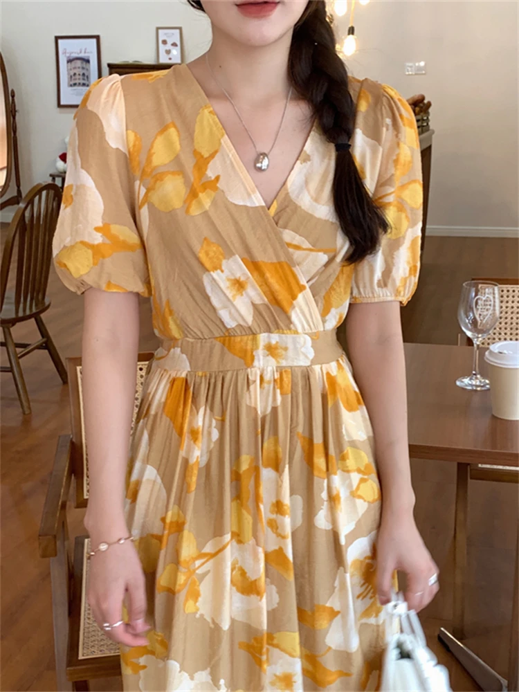 

Summer Floral Print One Piece Midi Dress For Women Elegant Casual Femme Fashion Clothing Vestidos
