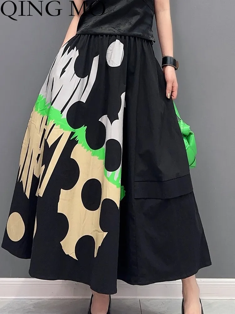 

QING MO 2023 Summer New Korean Style Colorblock Printed Single Piece Dot Skirt Women Slim Fashion Female Skirts ZXF3007