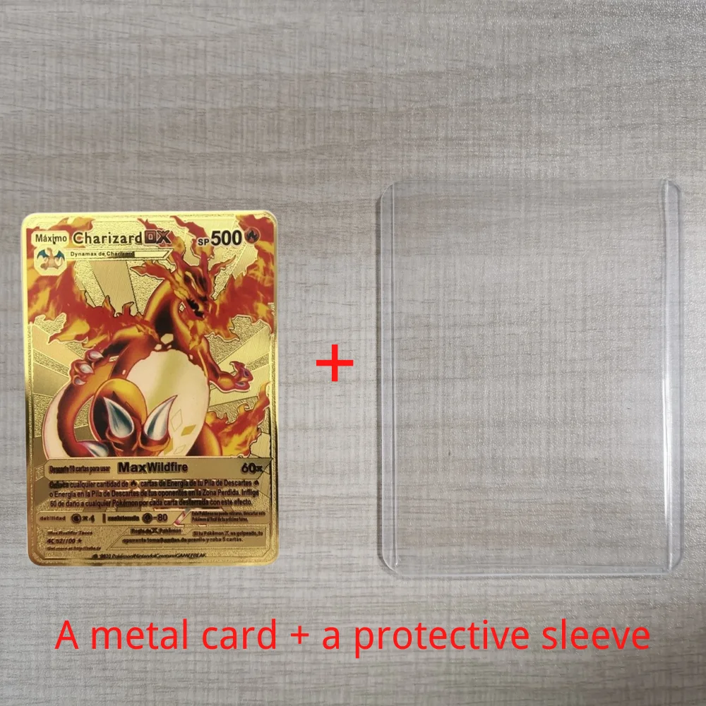 

Spanish Pokemon Metal Card Pikachu Fire Breathing Dragon Vmax Gold V/GX/OX Card Toys Play Games Collection Card Children Gifts