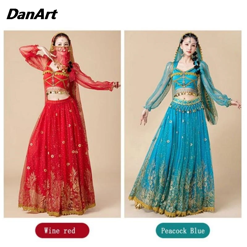 Женский костюм для танца живота длинное платье с пышной юбкой и длинным рукавом