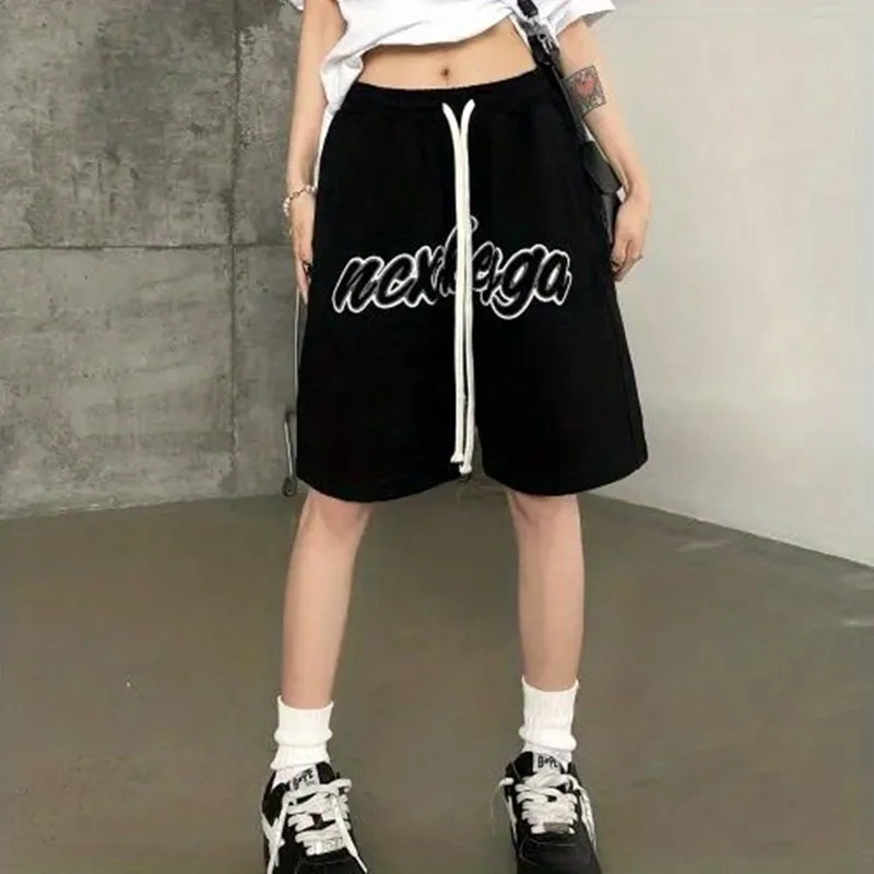 Vintage Shorts Women's Summer New Letter Embroidery High Waist Wide Leg Casual Basketball Short Pants Fashion