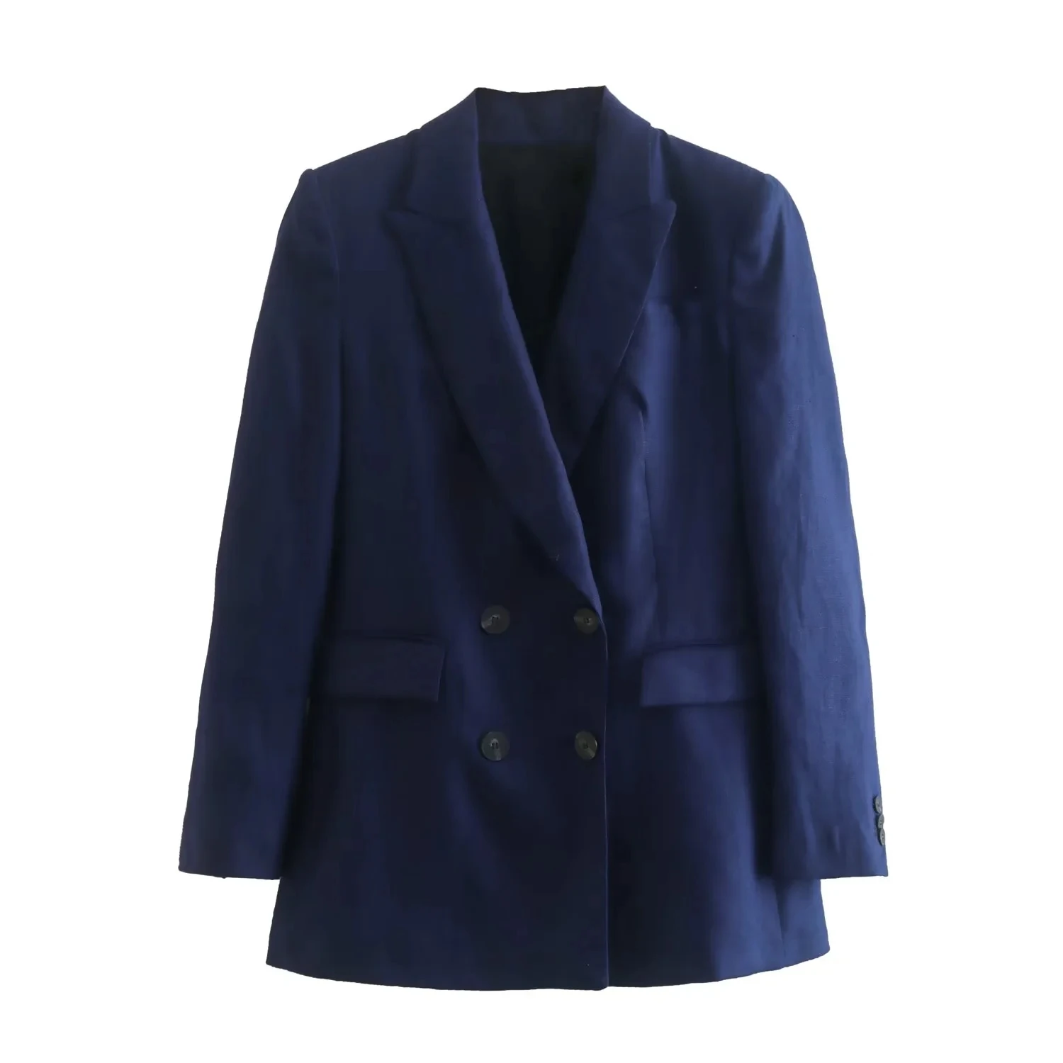 Maxdutti Navy Color Casual Blazers Women England Style Office Lady Fashion Simple Linen Jacket