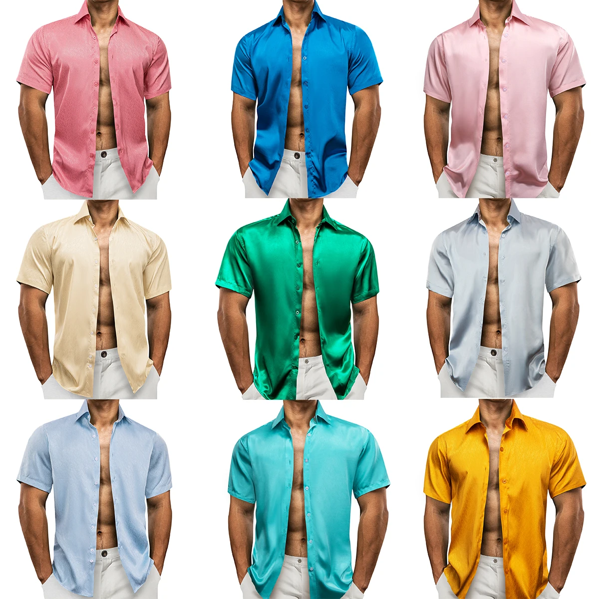 

Barry Wang Short Sleeeve Shirts for Men Summer Silk Solid Satin Silver Gold Teal Red White Black Green Blue Pink Slim Fit