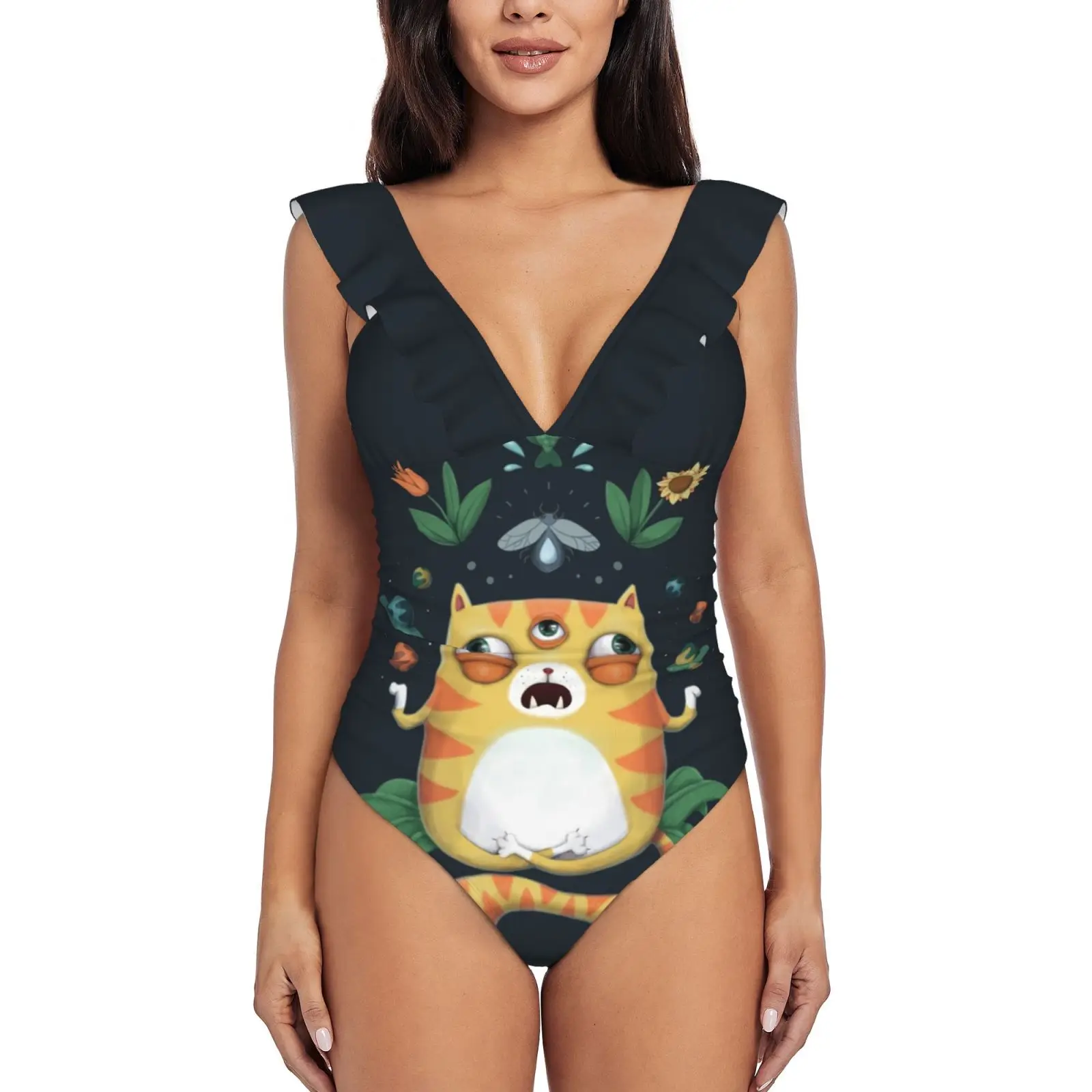 

Женский сплошной купальник с оборками для йоги, кошки, боди, сплошной купальник, купальный костюм, пляжная одежда, кот, все знающие, Бог, Вселенная