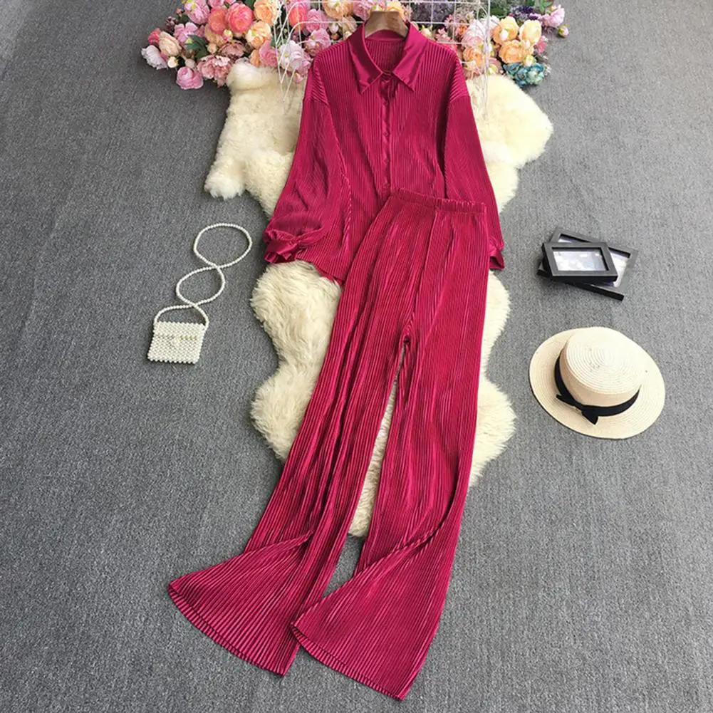 

2 Pcs/Set Chic Women Outfit Set Casual Long Sleeve Lady Tops Trousers Suit Deep Crotch Turn-down Collar Fall Shirt Pants Suit