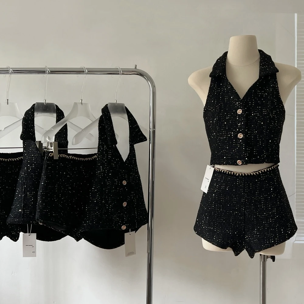 

Small Fragrance Sleeveless Halterneck Waistcoat Two Piece Set Women Single Breasted V-neck Vest and Shorts Sets 2023 Summer Lady