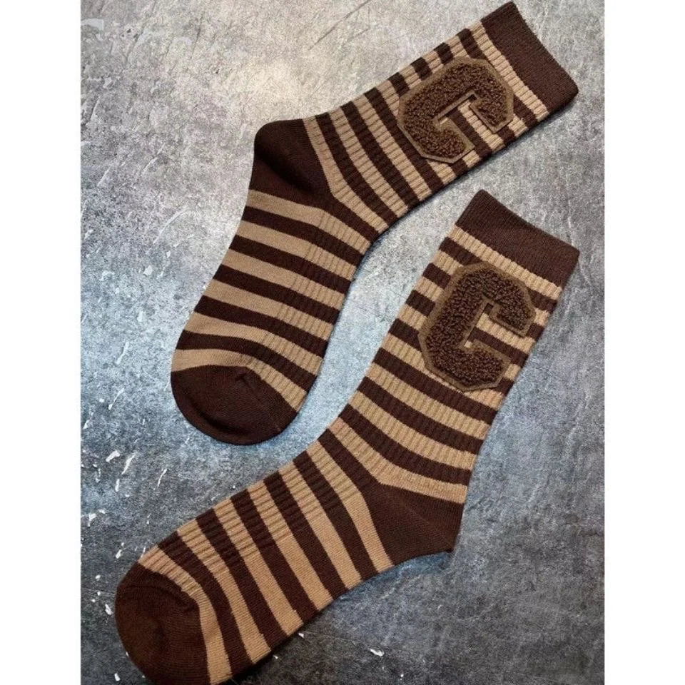 Colorblock Striped Letter C Middle Tube Stockings for Women New Autumn Winter Fashion Net Red All-match Cotton Socks Casual