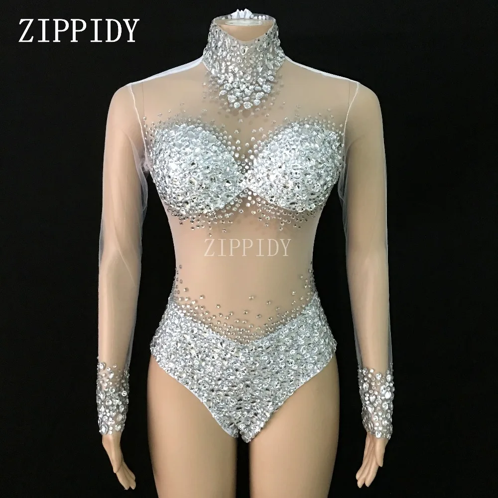 

6 Colors Stones See Through Bodysuit long Sleeves Stretch Sexy Perspective Performance Celebrate luxurious Dance outfit