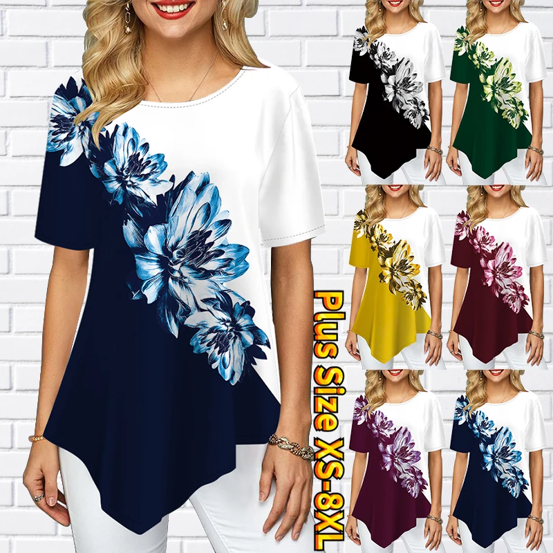 

Ladies Personality Two-color Flower Stitching 3D Printing Round Neck Pointed Skirt Swing Short Sleeve Women's Top Summer XS-8XL