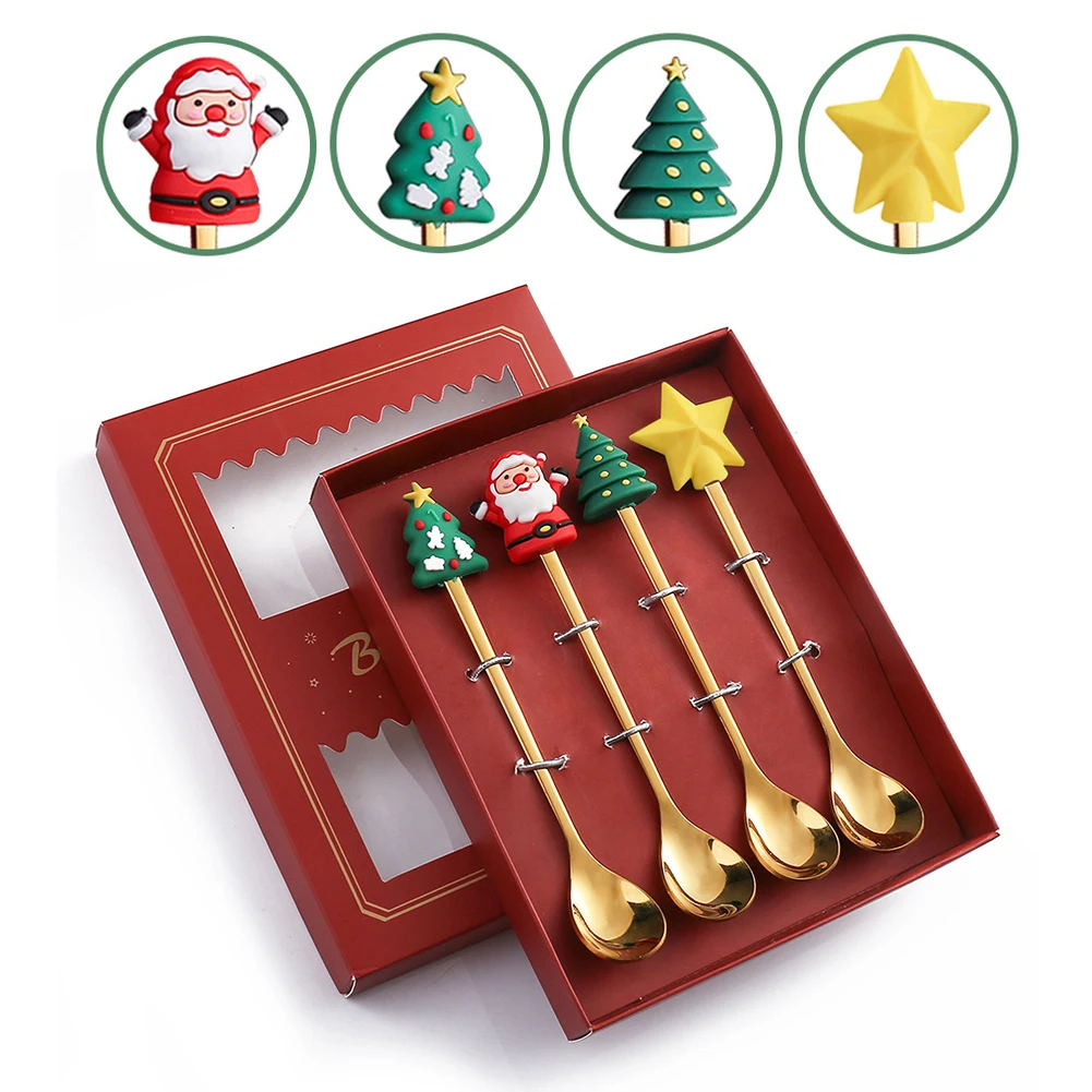 

4pcs Gift Stainless Steel Reusable New Year Christmas Spoon Set Tableware Decor