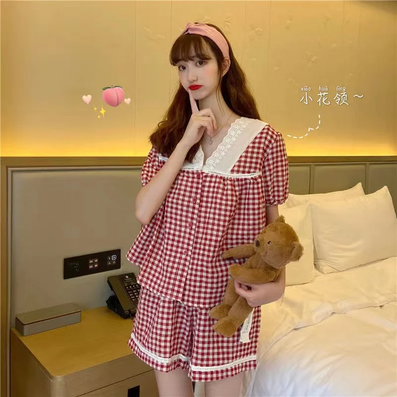 Summer Pajama Set For Women Sweet Plaid Pyjama Suit V-Neck 2022 New Short Sleeve Shorts Homewear Home Clothing Female