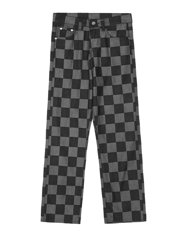Fashion Men's Jeans Checkerboard Print Pants Korean Trend Loose Straight Street Casual Wide Leg Pants Ins Hot Sale Men's Pants
