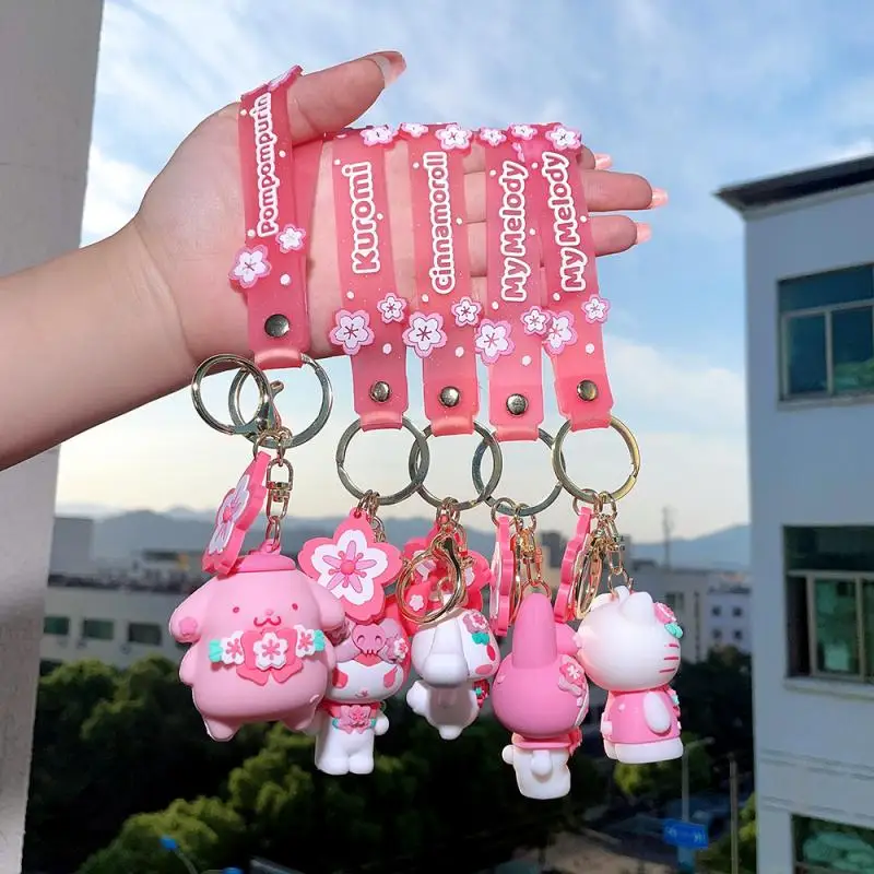 

Брелок для ключей Sanrio с изображением цветущей вишни, милый мини-брелок Hello Kitty Kuromi Melody для девочек, подвеска для рюкзака, бесплатная доставка
