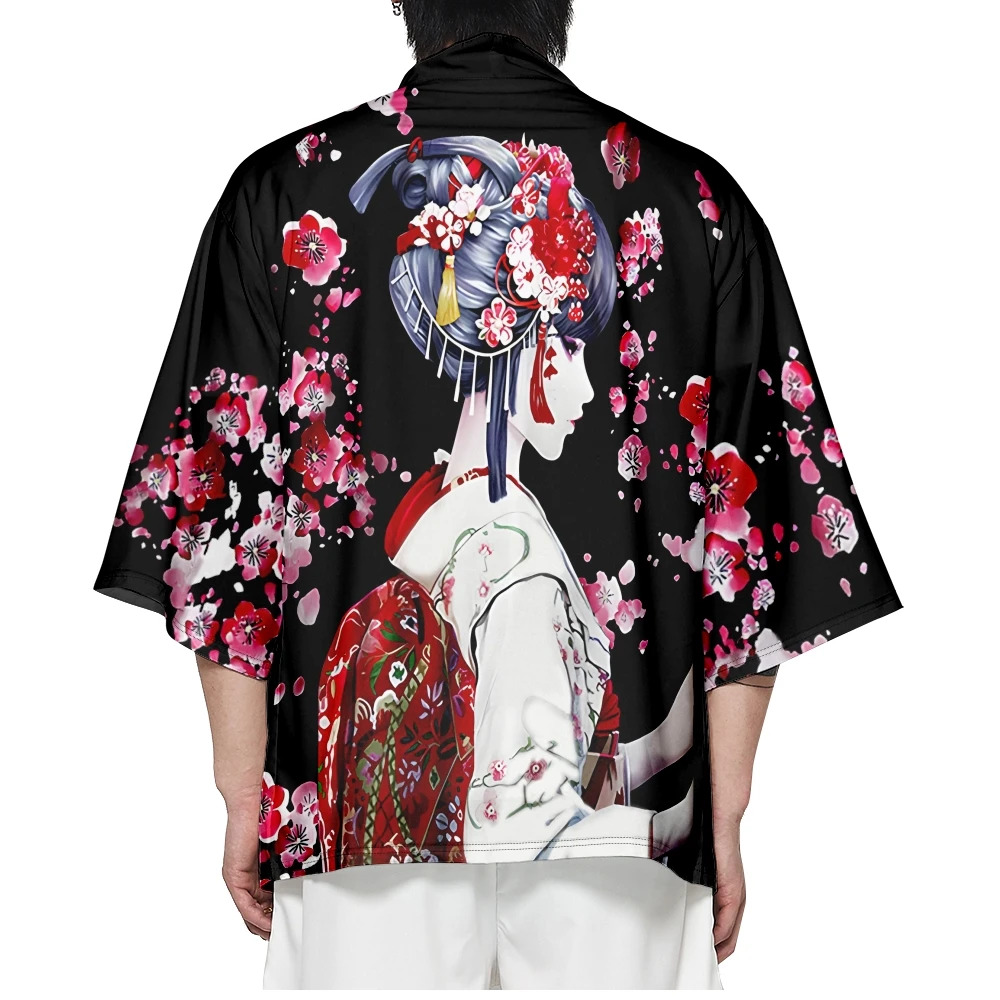 

Кимоно в японском стиле с принтом «Цветы сакуры» и «гейши», кардиган, рубашка для косплея, блузка для женщин и мужчин, традиционный пляжный хаори-топ юката
