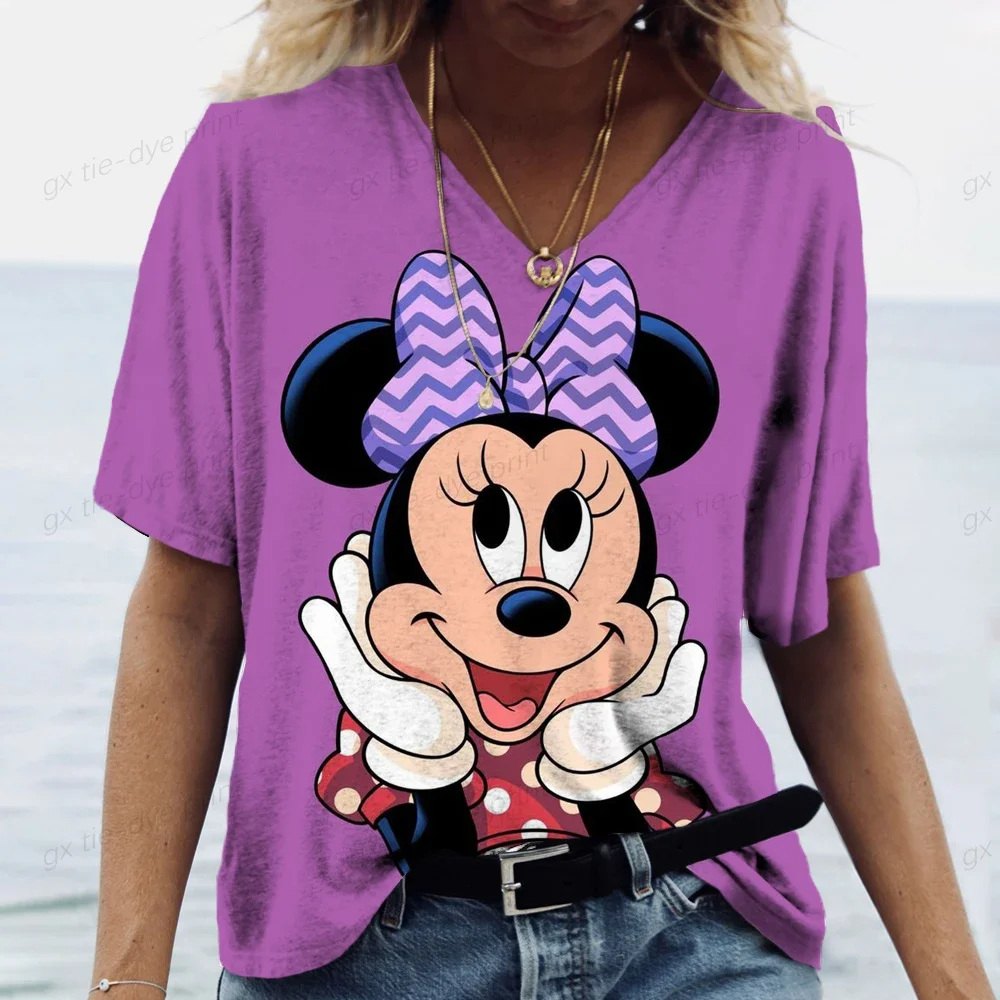 Лето 2023 женская футболка с v-образным вырезом и рисунком Микки Мауса Диснея 3d