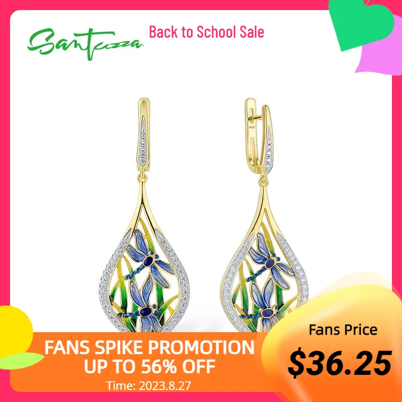 

SANTUZZA 925 Sterling Silver Earrings For Women White CZ Blue Enamel Dragonfly Dangling Earrings Trendy Fine Jewelry Handmade
