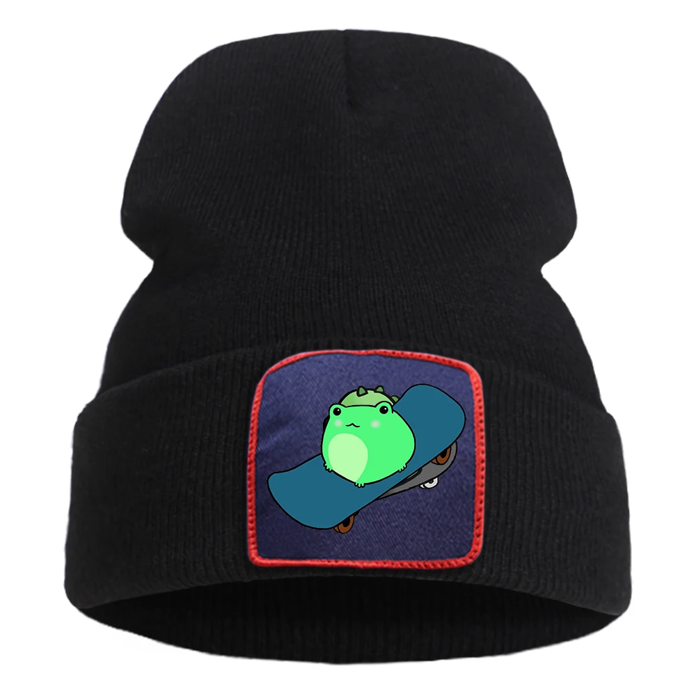 

Cute Shy Skateboard Frog Pattern Knitted Hat Fashionable Street Style Caps Casual Winter Knit Hats Personality Outdoor Men Hats