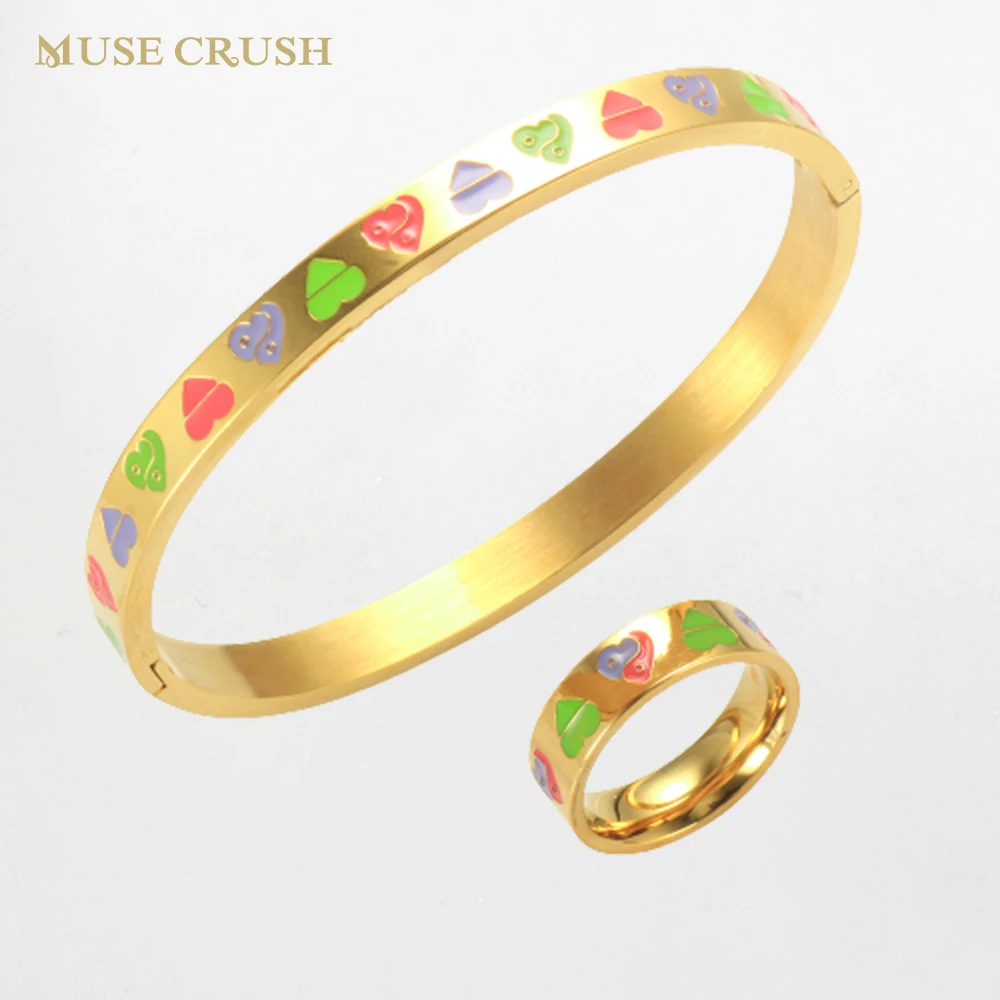 

Rainbow Love Heart Eight Diagram Stainless Steel Bracelets Bangle Rings Sets Women Girls Birthday Party Festival Jewelry Gift