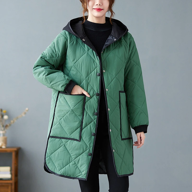 

Lightweight Cotton Hooded Jacket Women's Korean Loose Large Pocket Warm Coat Plus Size Casual Colorblock Ladies Long Outwear