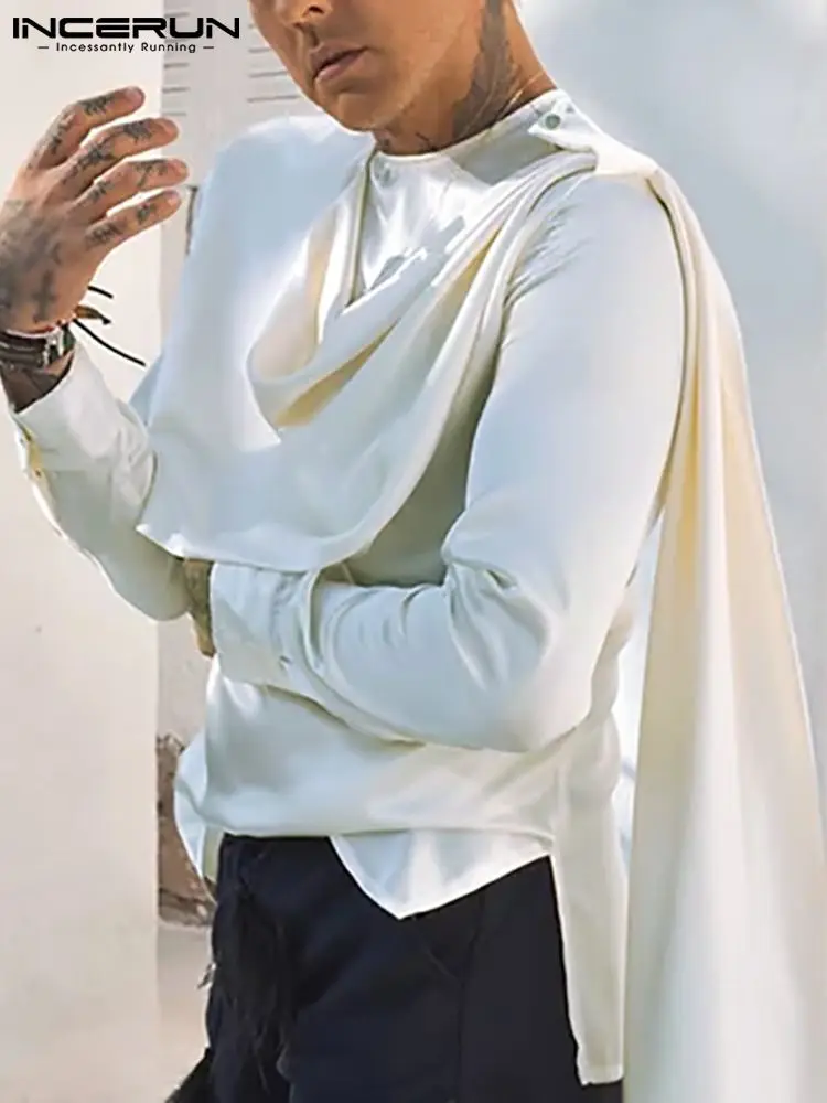 

Men Casual Shirt O-neck Long Sleeve Personality Soft Satin Irregular Shirts Men 2022 Streetwear Leisure Camisas S-5XL INCERUN