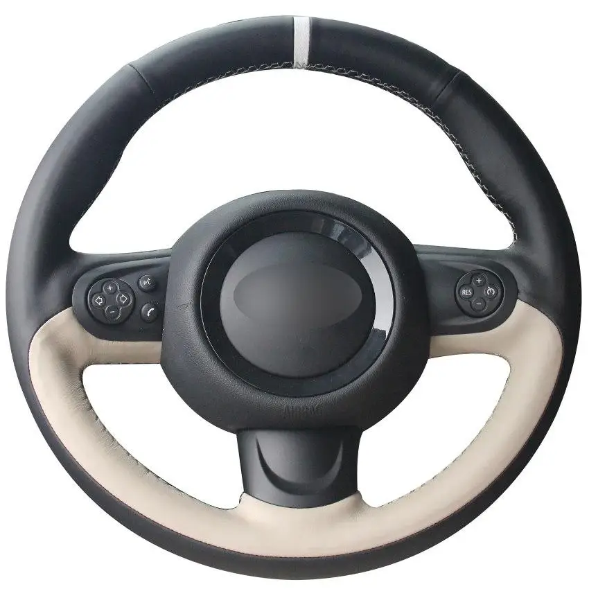 

Hand sewing Black Natural Leather Beige Natural Leather White Marker Car Steering Wheel Cover for Mini Coupe