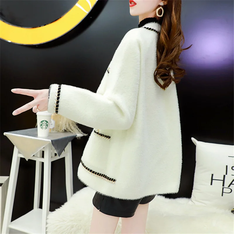 

Black White Cardigan Sweater Women Winter Warm Casual Loose O Neck Faux Mink Cashmere Knitted Sweaters Female