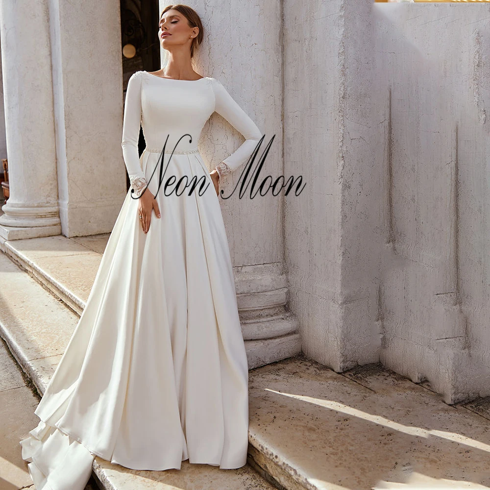 

Romantic Scoop A-Line Wedding Dress Long Sleeve Crystal Beading Bride Dress zipper Floor-Length Robe De Mariage 2023 Nouveauté