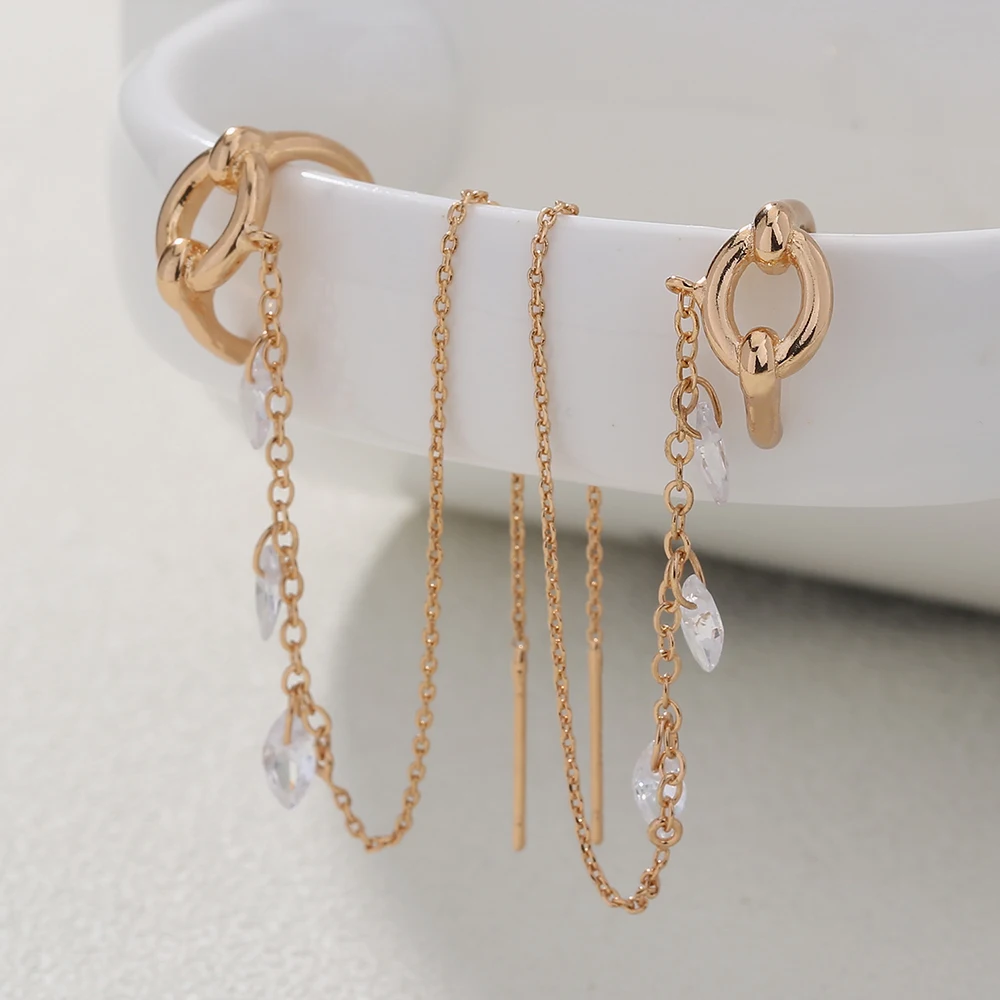 Elegant Long Bling Tassel Chain Minimalism Copper Ear Wire Earwire Clip Dangle Earring Piercing Line Chain Pendant Drop Earring
