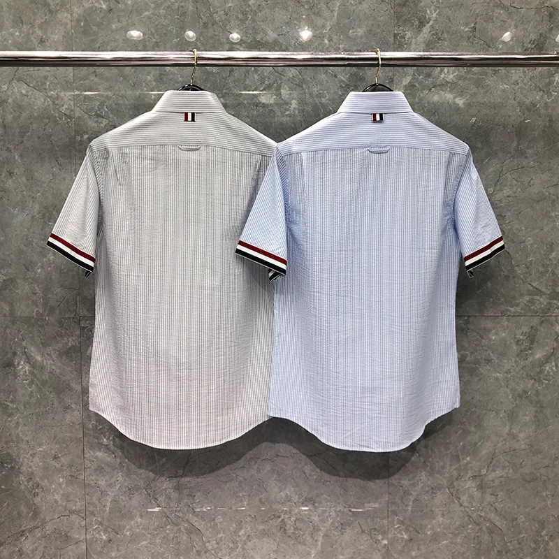 TB THOM Men's Dress Shirt Slim Fit Ultra Wrinkle Free Flex Collar Stretch Clothes Fashion Brand Stripe Summer Short Sleeves