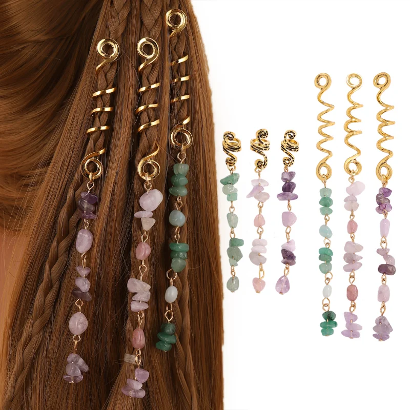 Ed Natural Stone Pendant Hair Jewelry For Braids Crystal Dreadlock Accessories Hair Charms Women Dangle Ethnic Headwear