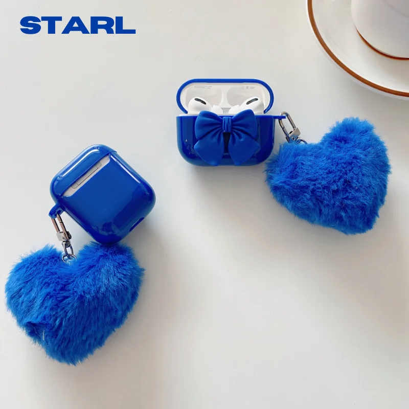 Cute Bowknot Soft Earphone Case Lovely Luxury Klein Blue Furry Heart For Airpods 1 2 Air Pod Airpodscase 3 With Keychain enlarge