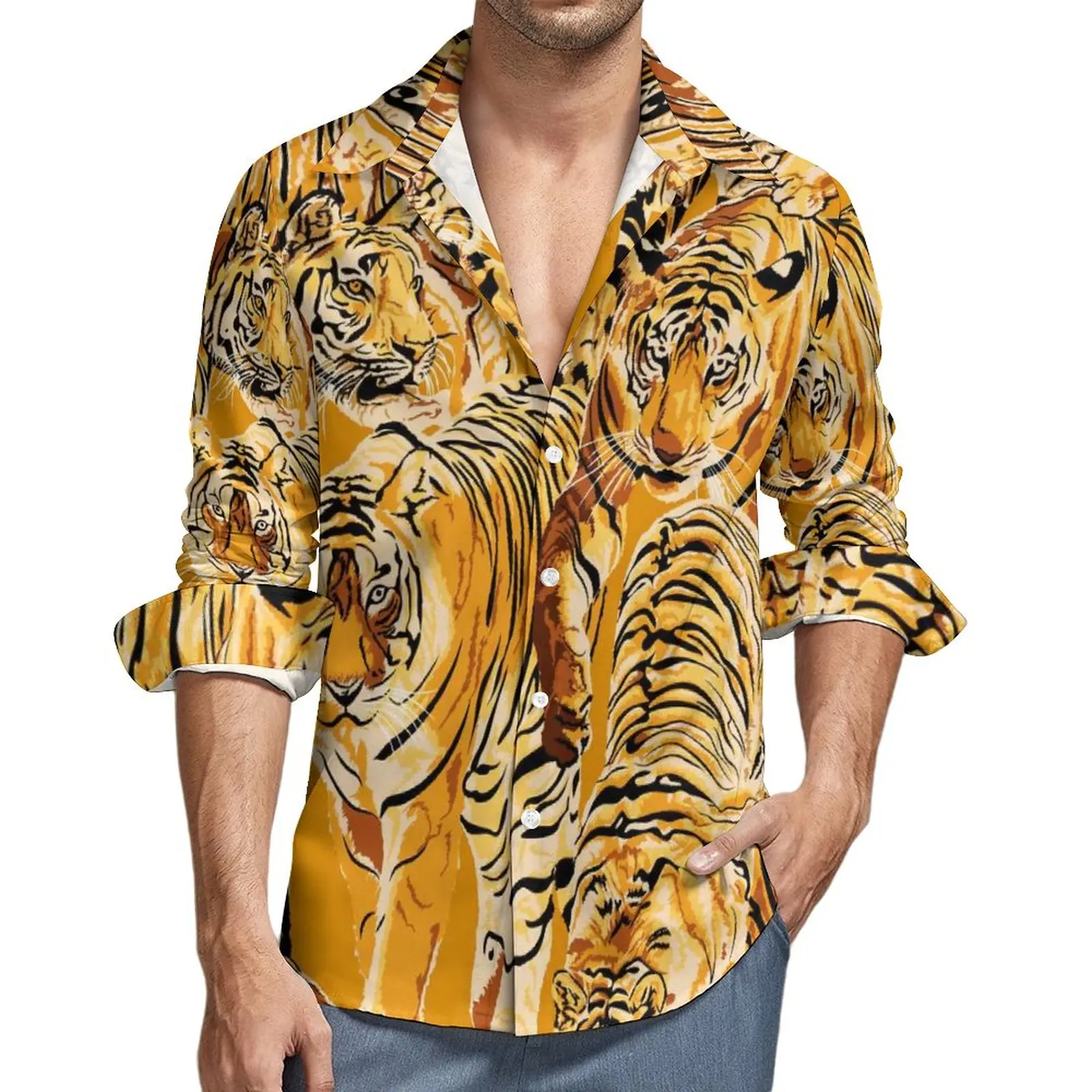 

Many Tigers Shirt Men Wild Animals Pattern Casual Shirts Spring Y2K Custom Blouses Long Sleeve Retro Oversized Tops Gift