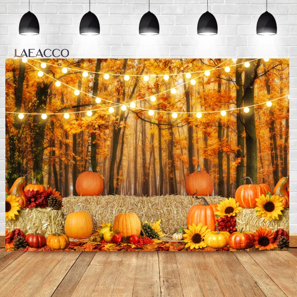 

Laeacco Autumn Maple Forest Leaves Pumpkin Background Thanksgiving Farm Harvest Event Kids Adults Portrait Photography Backdrop