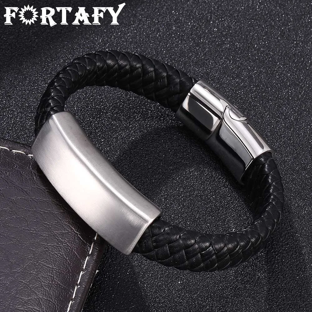 

FORTAFY Punk Jewelry Leather Braided Bracelets Bangles Stainless Steel Magnetic Clasps Male Wrist Band Boyfriend Gift FRPW788