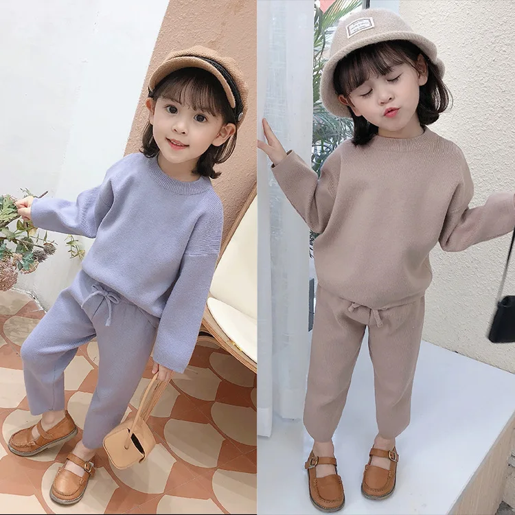 

New 2022 Fashion Girls Autumn and Winteroddler Sweaters Girls Casual Solid Knitted Two Piece Set Top+pants Girl Knitwear Outfits