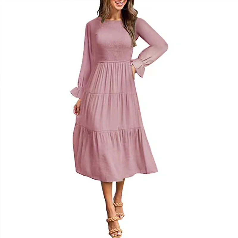 

Pleated Flared Long Sleeve Gathered Short Sleeve Swing Dress Waist Tunic Midi Dress Women Casual Elegant Draped Solid Concise