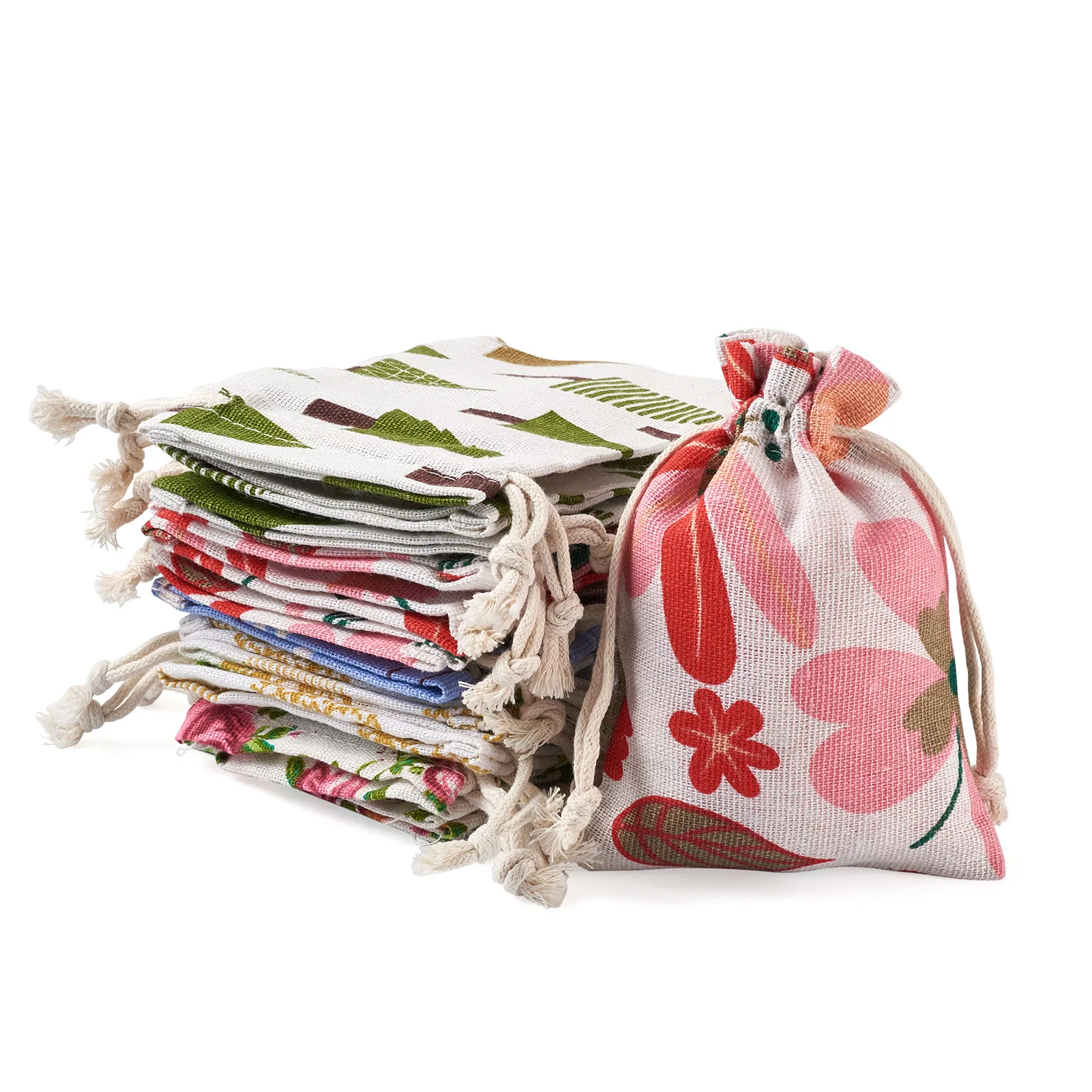 50Pcs Mixed Plant Pattern Cloth Packing Pouches Rectangle Drawstring Bags DIY Jewelry Gift Multifunctional Storage Findings