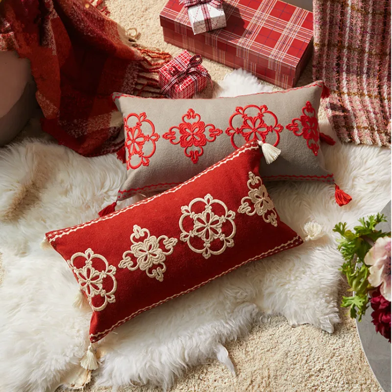 

DUNXDECO Cushion Cover Waist Decorative Pillow Case Luxurious Red Flora Embroidery Wool Blend Warm Coussin Sofa Chair Bedding