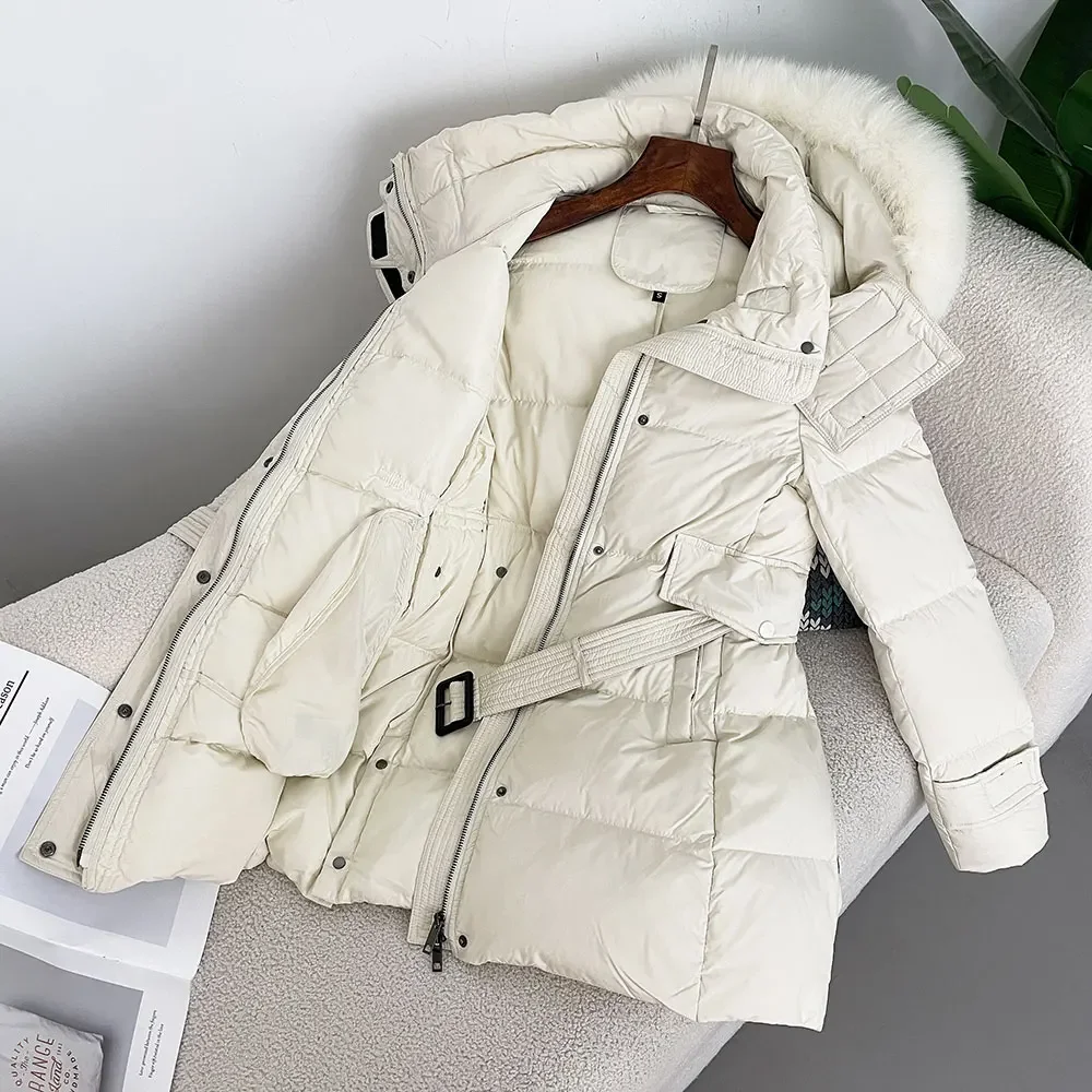 Женский длинный пуховик со съемным воротником теплая куртка на белом утином пуху