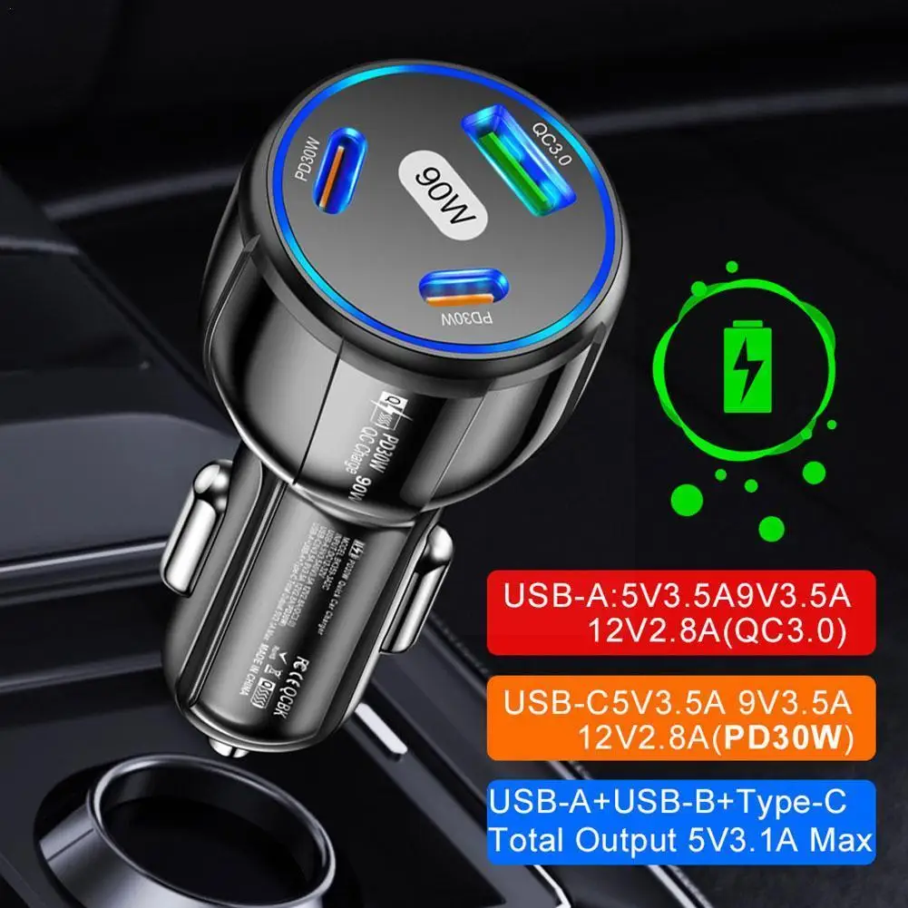 

3 Ports 90W USB Car Chargers Type C Car Charger Fast Charging PD Phone Charger in Car For iphone Samsung R8H7