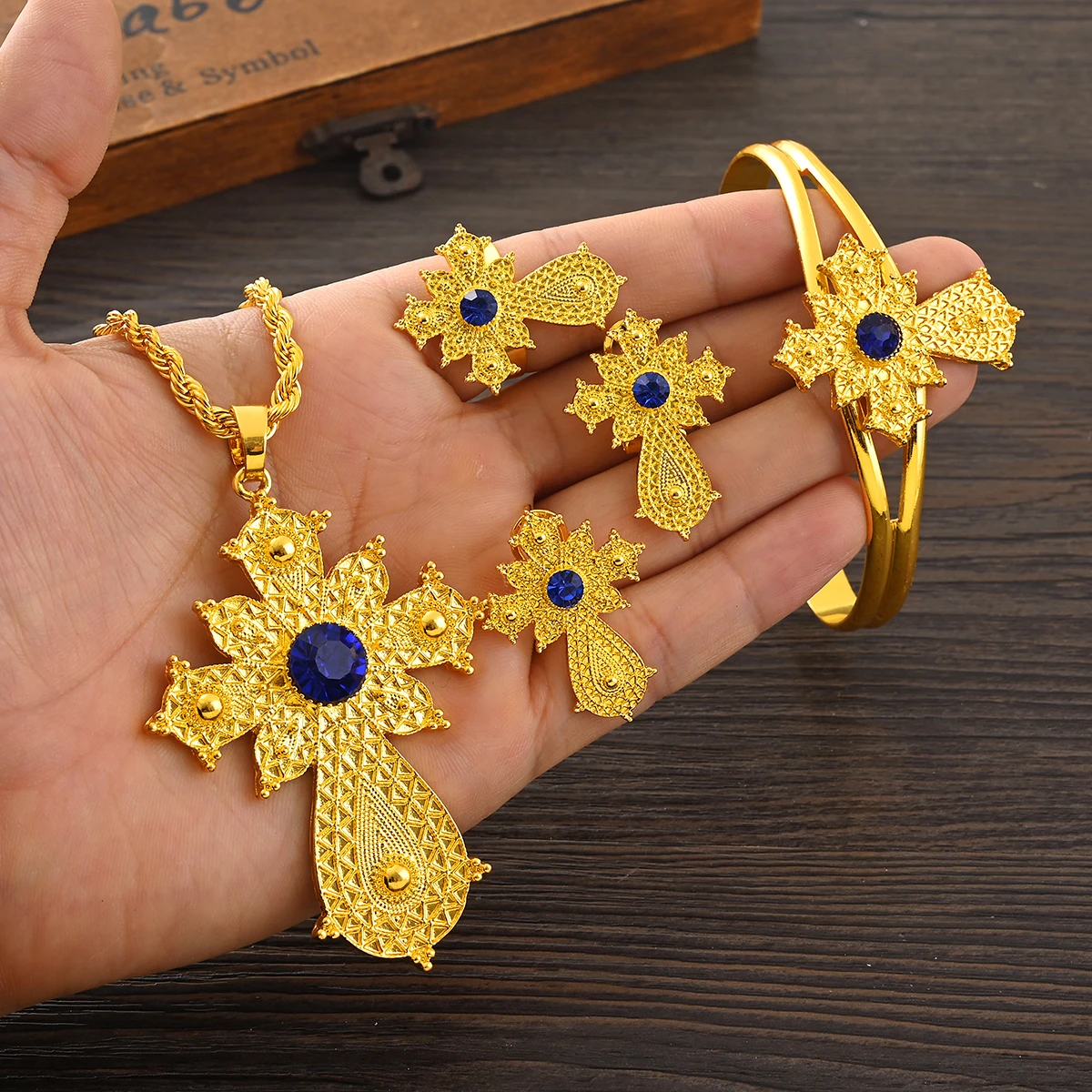 24 К золотого цвета новый африканский синий комплект с крестом CZ ожерелье кулон